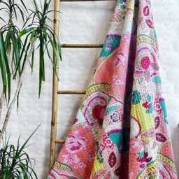 Kantha Stitch Pure Cotton Reversible Bed/Sofa Throw King Size Handmade Floral Indian Dohar Elegant Dusted Pop Peach Pink Aqua Abstract Burst - thumbnail 2