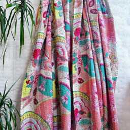 Kantha Stitch Pure Cotton Reversible Bed/Sofa Throw King Size Handmade Floral Indian Dohar Elegant Dusted Pop Peach Pink Aqua Abstract Burst - thumbnail 4