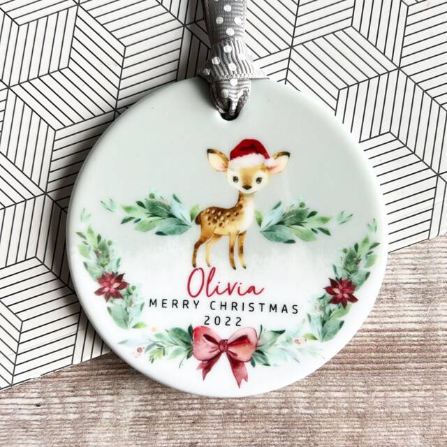Personalised Merry Christmas Woodland Deer Santa Hat Signpost Acrylic Or Ceramic Round Ornament Keepsake Tree Decoration Child Boy Girl Gift