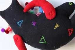 Handmade Fabric Cat Decoration - Black & Red Hanging Plush For Wall, Gift Or Home Decor - thumbnail 4