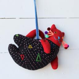 Handmade Fabric Cat Decoration - Black & Red Hanging Plush For Wall, Gift Or Home Decor - thumbnail 2