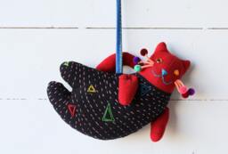 Handmade Fabric Cat Decoration - Black & Red Hanging Plush For Wall, Gift Or Home Decor - thumbnail 1