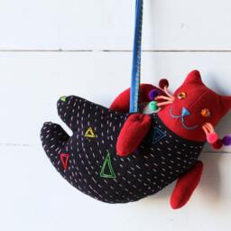 Handmade Fabric Cat Decoration - Black & Red Hanging Plush For Wall, Gift Or Home Decor - thumbnail 3