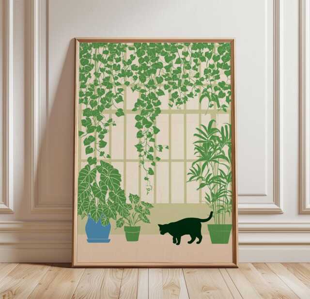 Cat Greenhouse Poster, Botanical Wall Art, Indoor Plant Print - image 1