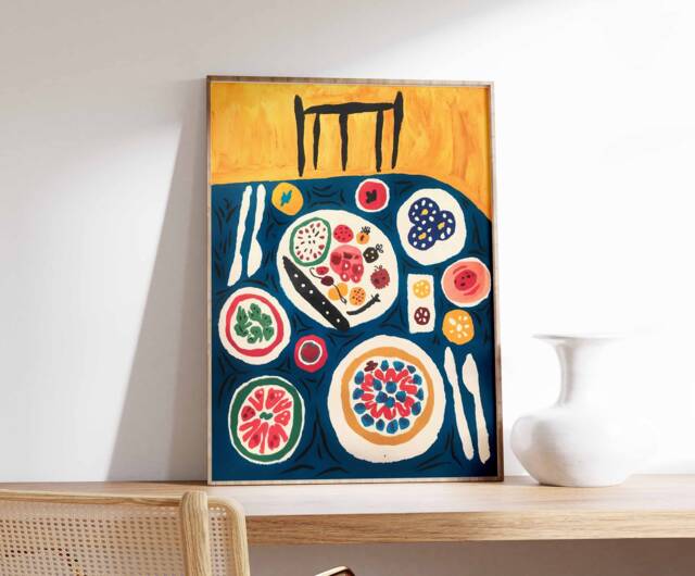 Dinner Table Food Print, Retro Art, Kitchen Poster, Decor, Illustration Gift, Print - image 1