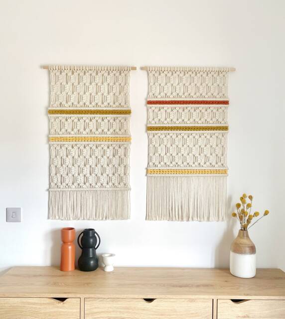 Set Of 2 Handmade Macrame Wall Hangings, Boho Fiber Art On Oak Dowel - image 1