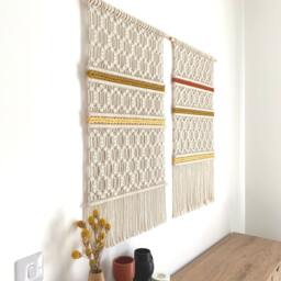 Set Of 2 Handmade Macrame Wall Hangings, Boho Fiber Art On Oak Dowel - thumbnail 3