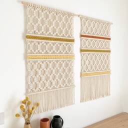 Set Of 2 Handmade Macrame Wall Hangings, Boho Fiber Art On Oak Dowel - thumbnail 2