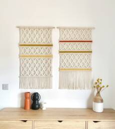 Set Of 2 Handmade Macrame Wall Hangings, Boho Fiber Art On Oak Dowel