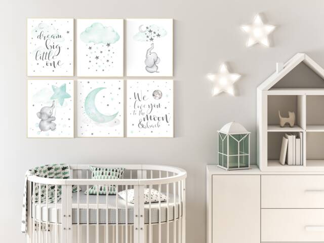 Mint Elephant Nursery Print Set Gender Neutral Wall Art - Set Of 6 - image 1