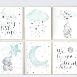 Mint Elephant Nursery Print Set Gender Neutral Wall Art - Set Of 6 - thumbnail 2