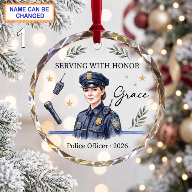 Serving With Honor Christmas Glass Ornament, Custom Police Officer Keepsake With Uniform, Badge, Radio & Service Details - image 1