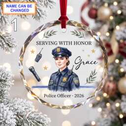 Serving With Honor Christmas Glass Ornament, Custom Police Officer Keepsake With Uniform, Badge, Radio & Service Details - thumbnail 1