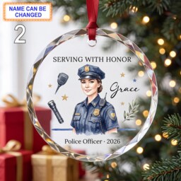 Serving With Honor Christmas Glass Ornament, Custom Police Officer Keepsake With Uniform, Badge, Radio & Service Details - thumbnail 2