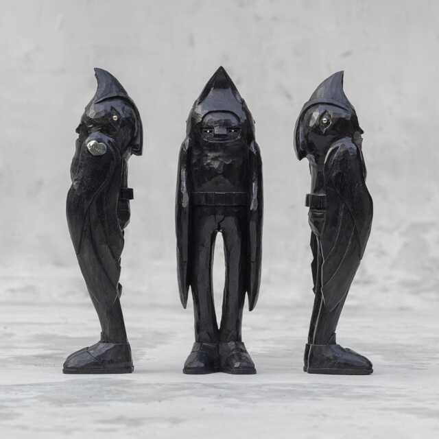 Hand Carved Raven Art Toy Black Stained Monkey Pod Wood & Brass Inlay - image 1