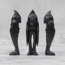 Hand Carved Raven Art Toy Black Stained Monkey Pod Wood & Brass Inlay - thumbnail 1