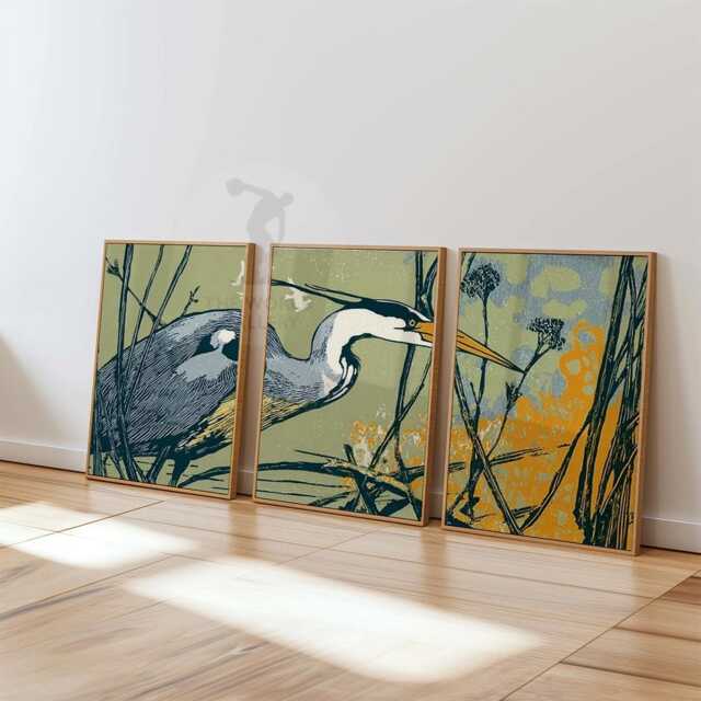 Heron Wall Art Set Of 3 - Japanese Style Bird Print in Sage & Ochre Modern Nature Artwork Elegant Botanical Decor - image 1