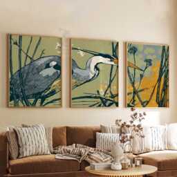 Heron Wall Art Set Of 3 - Japanese Style Bird Print in Sage & Ochre Modern Nature Artwork Elegant Botanical Decor - thumbnail 3