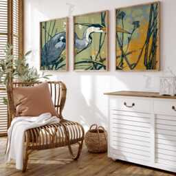 Heron Wall Art Set Of 3 - Japanese Style Bird Print in Sage & Ochre Modern Nature Artwork Elegant Botanical Decor - thumbnail 2