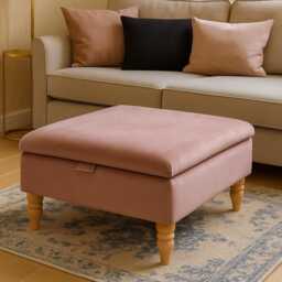 Velvet Storage Ottoman Handmade Upholstered Footstool Coffee Table With Turned Wooden Legs - thumbnail 2