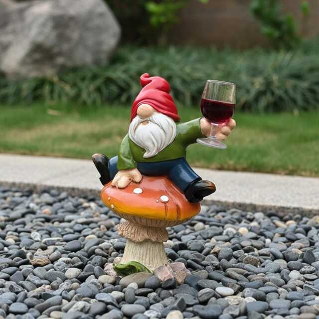 Whimsical Garden Gnome Statue Hand-Painted Wine Glass Ornament - image 1