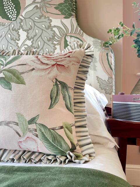 Colefax & Fowler Frilled Cushion, Floral Linen, Pink Ticking, Feather Inner, 50cm - image 1