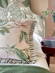 Colefax & Fowler Frilled Cushion, Floral Linen, Pink Ticking, Feather Inner, 50cm - thumbnail 1