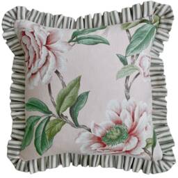 Colefax & Fowler Frilled Cushion, Floral Linen, Pink Ticking, Feather Inner, 50cm - thumbnail 2