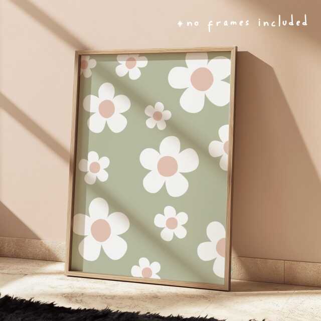 Flower Daisy Print in Sage Green, Wildflower Print, Pastel Girl Nursery Bedroom, Children's Room Decor, Teen & Tween Art - image 1