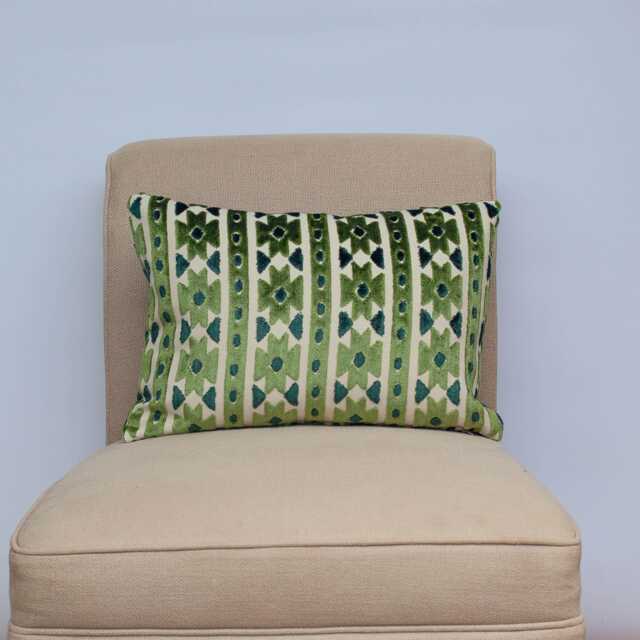 Kasmere Geometric Cut Velvet Boudoir Cushion. Emerald Green & Natural Beige Triangular Pattern. 17x12 - image 1