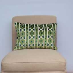 Kasmere Geometric Cut Velvet Boudoir Cushion. Emerald Green & Natural Beige Triangular Pattern. 17x12 - thumbnail 1