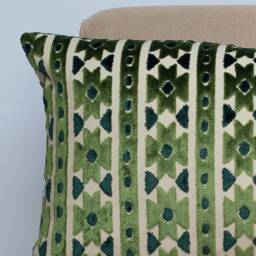 Kasmere Geometric Cut Velvet Boudoir Cushion. Emerald Green & Natural Beige Triangular Pattern. 17x12 - thumbnail 2