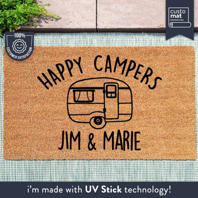 Personalized Happy Campers Doormat - Custom Coir Welcome Mat With Camping Names House Name Sign Home Decor - image 1