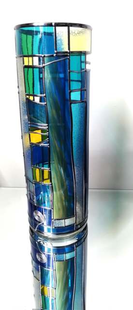 Mermaid Stained Glass Effect Vase, Hand Leaded Art Nouveau Design, Blue Aqua Gold Hues - image 1