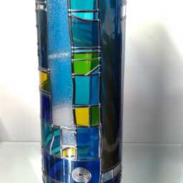Mermaid Stained Glass Effect Vase, Hand Leaded Art Nouveau Design, Blue Aqua Gold Hues - thumbnail 3