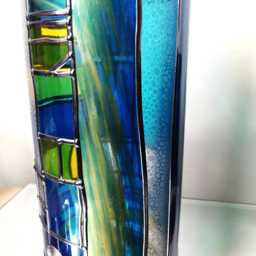 Mermaid Stained Glass Effect Vase, Hand Leaded Art Nouveau Design, Blue Aqua Gold Hues - thumbnail 2