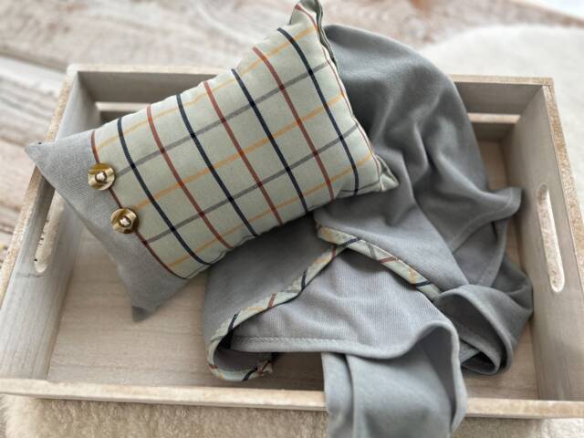 Newborn Photo Pillow & Blanket Set, Gray Plaid - Photography Prop - image 1