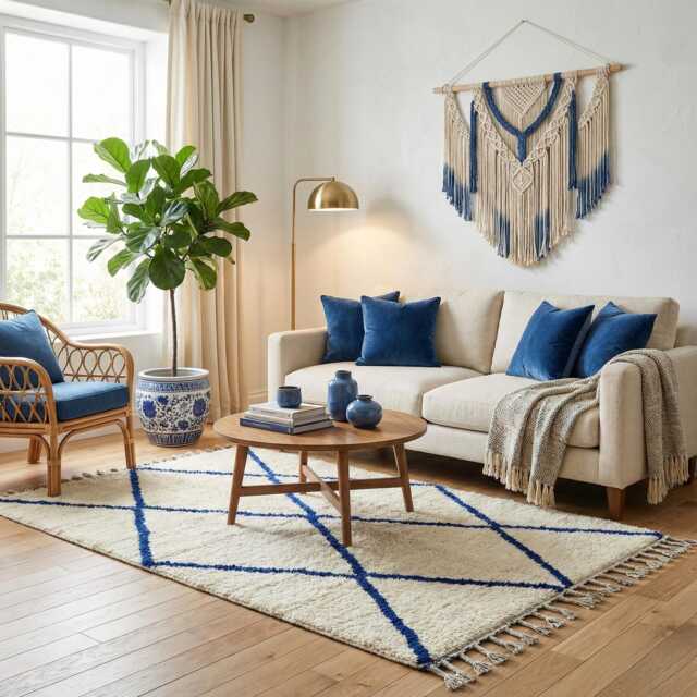 Handmade Beni Ourain Wool Rug - Cream Blue Geometric Diamond Carpet Coastal Boho Area - image 1