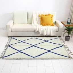 Handmade Beni Ourain Wool Rug - Cream Blue Geometric Diamond Carpet Coastal Boho Area - thumbnail 4