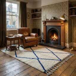 Handmade Beni Ourain Wool Rug - Cream Blue Geometric Diamond Carpet Coastal Boho Area - thumbnail 3