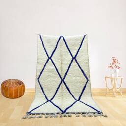 Handmade Beni Ourain Wool Rug - Cream Blue Geometric Diamond Carpet Coastal Boho Area - thumbnail 2