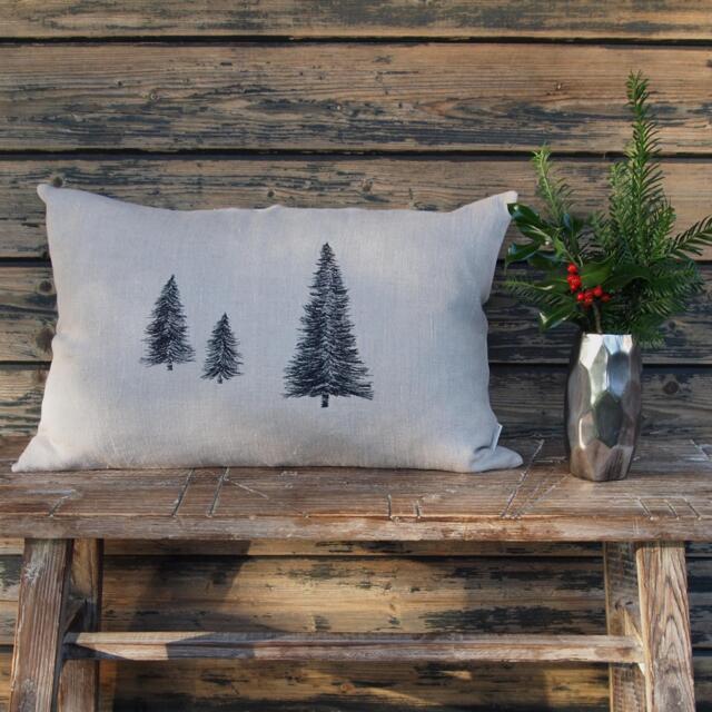 Christmas Tree Cushion 100% Linen Natural Color - Beige-Gray Cover Fir Motif Black Embroidered Sizes 40X40 30X50 50X50 40 X 60 cm Thread Buttons - image 1