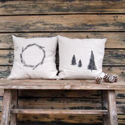 Christmas Tree Cushion 100% Linen Natural Color - Beige-Gray Cover Fir Motif Black Embroidered Sizes 40X40 30X50 50X50 40 X 60 cm Thread Buttons - thumbnail 4