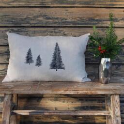 Christmas Tree Cushion 100% Linen Natural Color - Beige-Gray Cover Fir Motif Black Embroidered Sizes 40X40 30X50 50X50 40 X 60 cm Thread Buttons - thumbnail 1