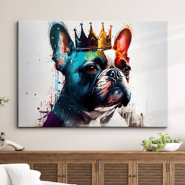 French Bulldog With Crown Dog Pet Abstract Modern Painting Wall Art, Framed Canvas Poster Print, Home Kitchen Office Room Decor, Gifts - image 1