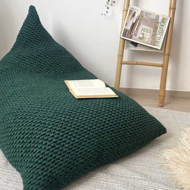 Deep Green Knit Bean Bag Chair, Recycled Cotton Adult Lounger - image 1