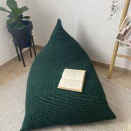 Deep Green Knit Bean Bag Chair, Recycled Cotton Adult Lounger - thumbnail 4