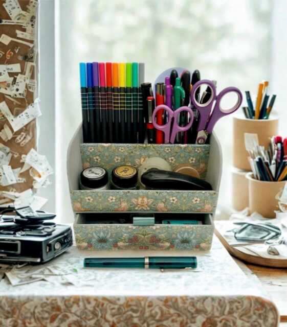 Handmade Strawberry Thief Green Fabric Desk Tidy William Morris Stationery Organiser With Drawer - image 1