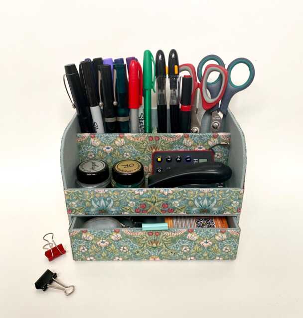 Handmade Strawberry Thief Green Fabric Desk Tidy William Morris Stationery Organiser With Drawer - image 1