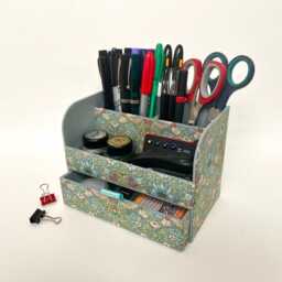 Handmade Strawberry Thief Green Fabric Desk Tidy William Morris Stationery Organiser With Drawer - thumbnail 2